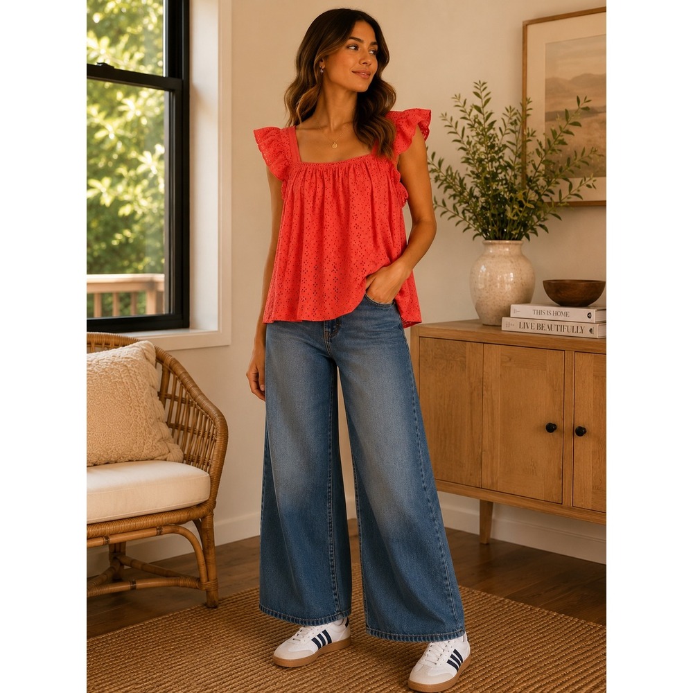 LOFT Coral Orange‎ Eyelet Flutter Sleeve Square Neck Ruffle Top Size M E39